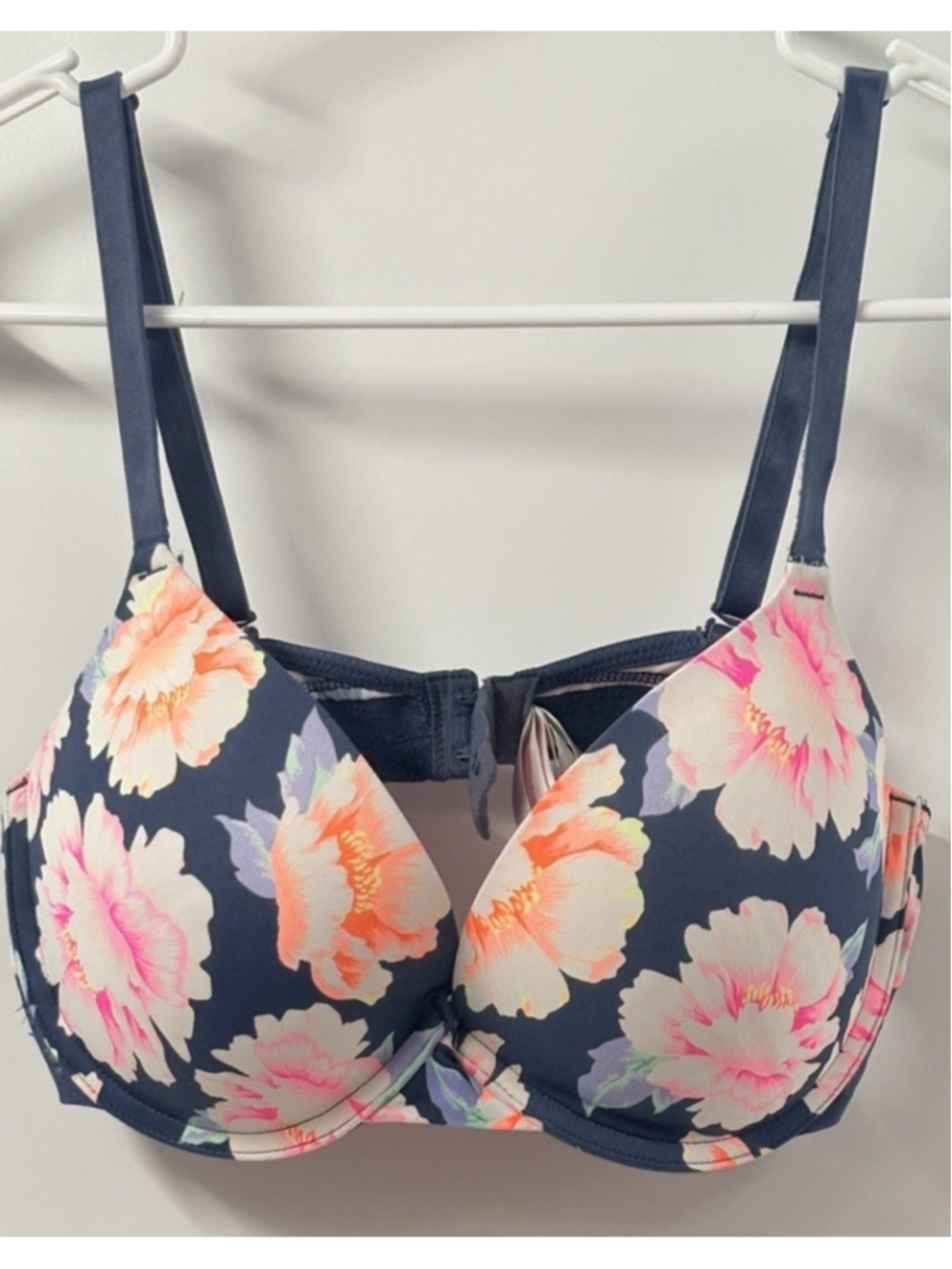 PINK Victoria’s Secret Floral Push Up Bra Navy Blue Pink Size 34DD